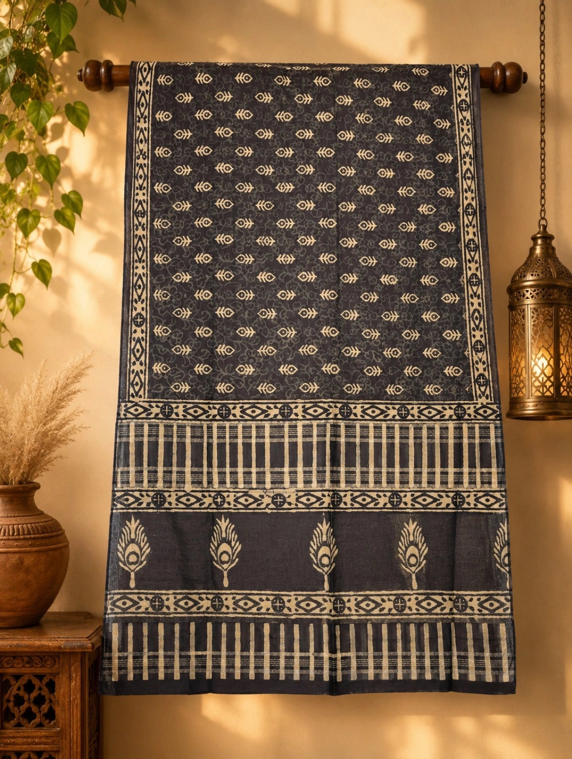 Indigo Linen Print Saree with Tribal Fish Motifs and Peacock Border