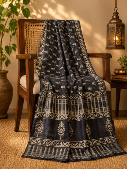 Indigo Linen Print Saree with Tribal Fish Motifs and Peacock Border