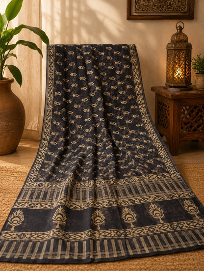 Indigo Linen Print Saree with Tribal Fish Motifs and Peacock Border