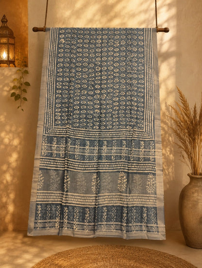Indigo Blue Linen Saree with Ivory Geometric Block Print and Floral Border Design