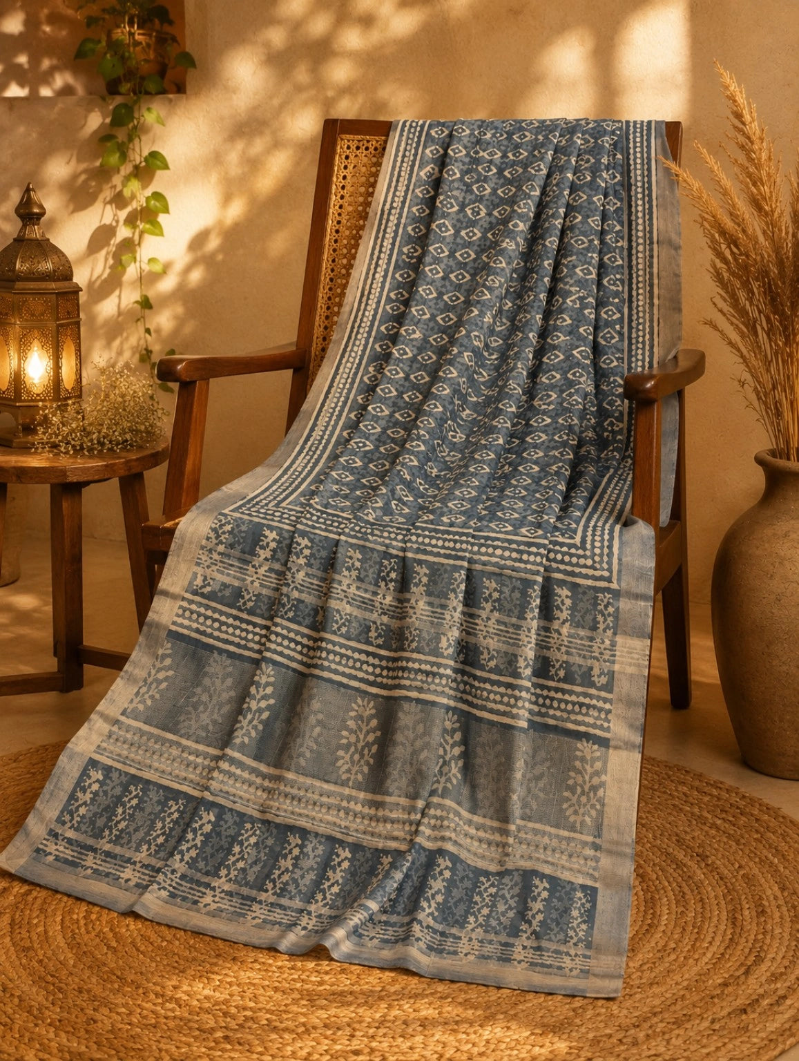 Indigo Blue Linen Saree with Ivory Geometric Block Print and Floral Border Design