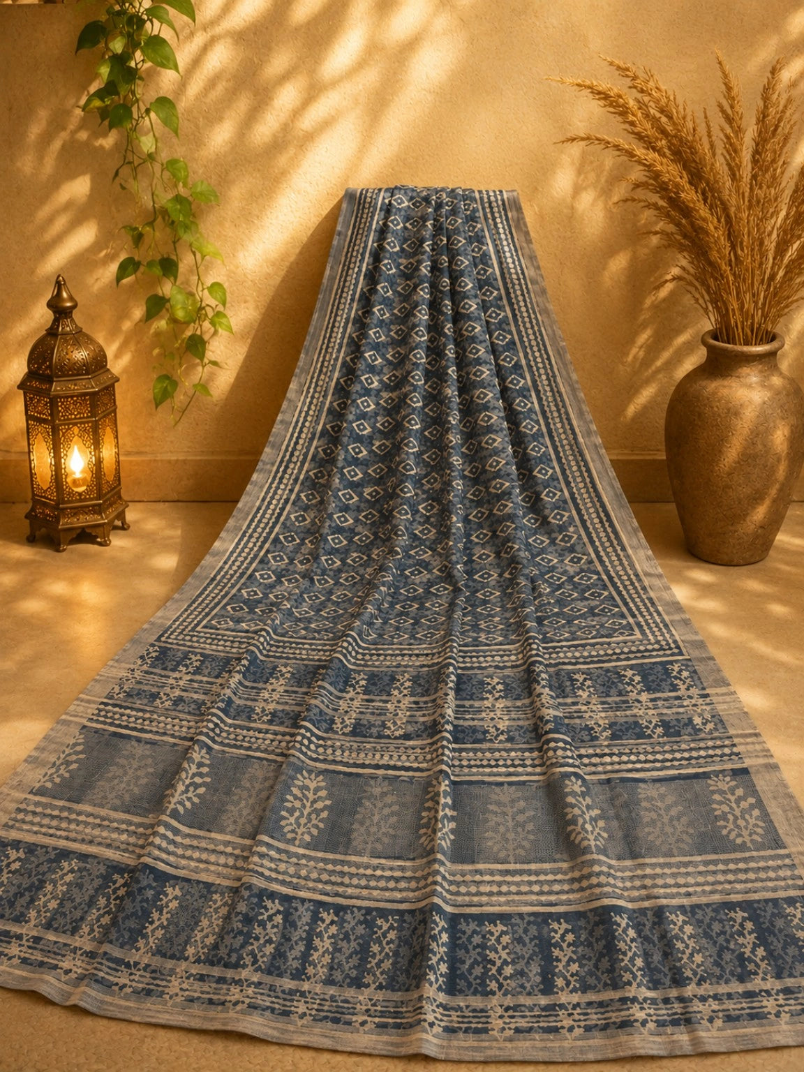 Indigo Blue Linen Saree with Ivory Geometric Block Print and Floral Border Design
