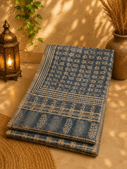 Indigo Blue Linen Saree with Ivory Geometric Block Print and Floral Border Design