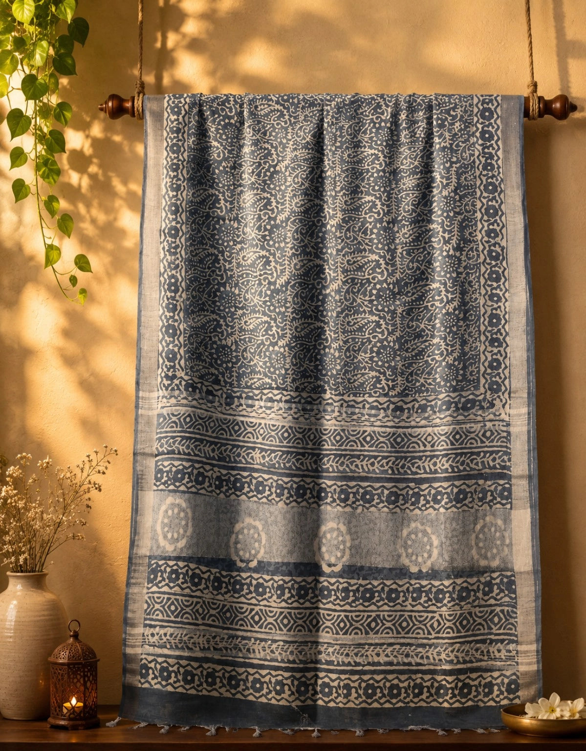 Indigo Linen Saree with Traditional Floral Border and Handcrafted Block Print Motifs