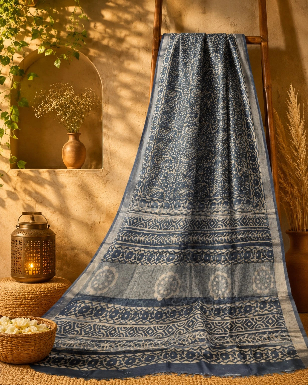 Indigo Linen Saree with Traditional Floral Border and Handcrafted Block Print Motifs