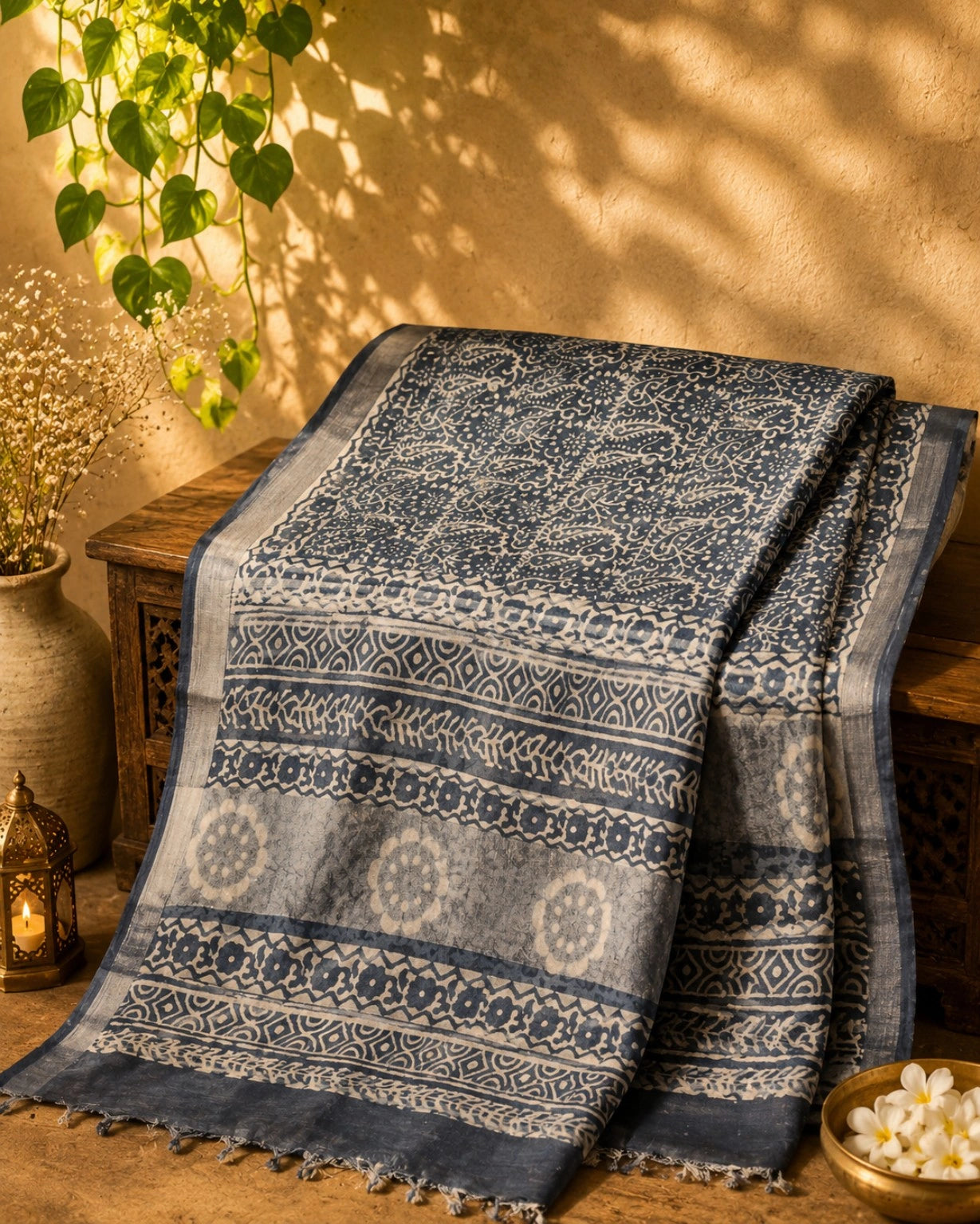 Indigo Linen Saree with Traditional Floral Border and Handcrafted Block Print Motifs