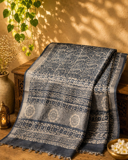 Indigo Linen Saree with Traditional Floral Border and Handcrafted Block Print Motifs