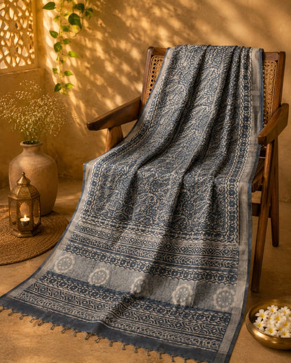 Indigo Linen Saree with Traditional Floral Border and Handcrafted Block Print Motifs