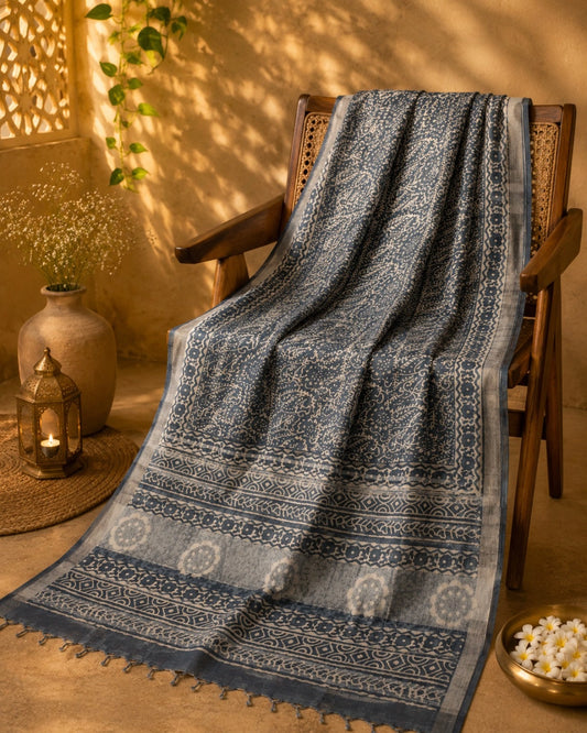 Indigo Linen Saree with Traditional Floral Border and Handcrafted Block Print Motifs