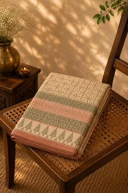 Beige & Dusty Rose Kota Dori Hand Block Print Saree with Botanical Border Design