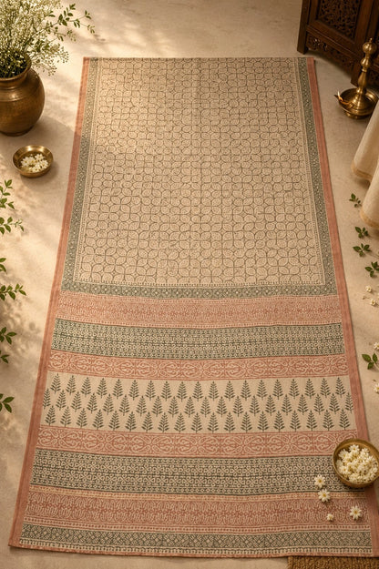 Beige & Dusty Rose Kota Dori Hand Block Print Saree with Botanical Border Design