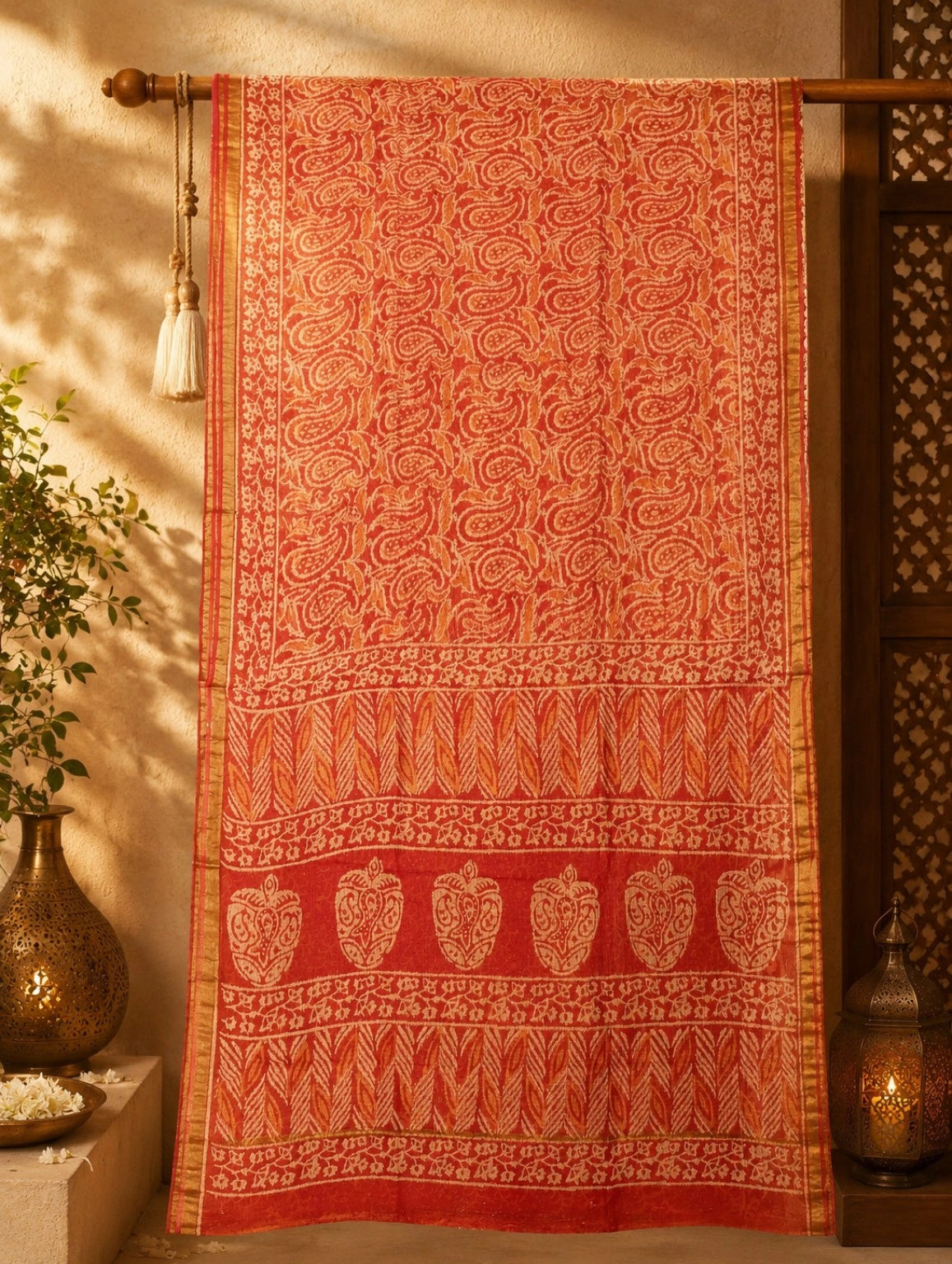 Coral Orange Kota Dori Hand Block Print Saree with Paisley Motifs and Traditional Floral Border
