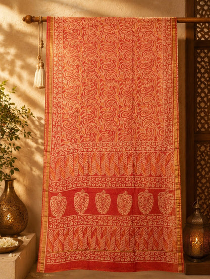 Coral Orange Kota Dori Hand Block Print Saree with Paisley Motifs and Traditional Floral Border