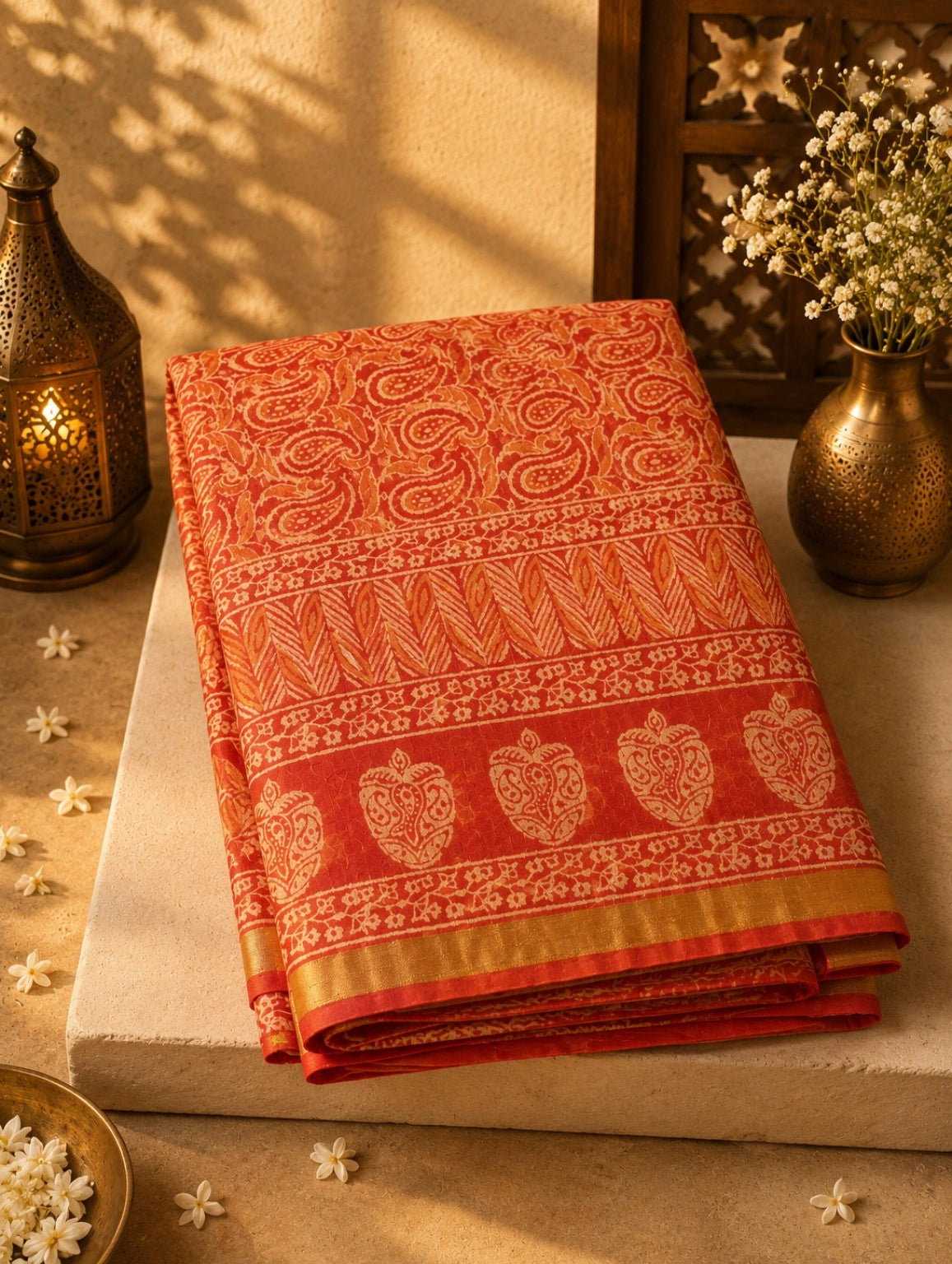 Coral Orange Kota Dori Hand Block Print Saree with Paisley Motifs and Traditional Floral Border