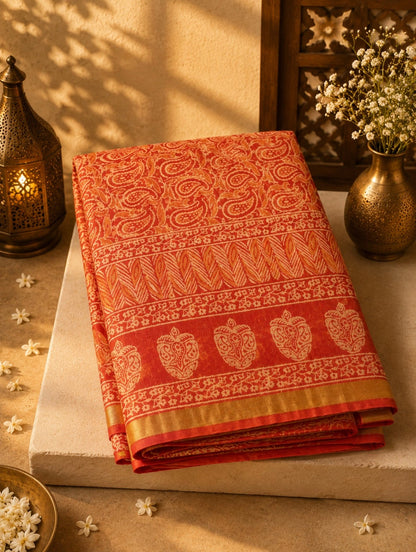 Coral Orange Kota Dori Hand Block Print Saree with Paisley Motifs and Traditional Floral Border