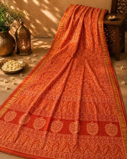 Coral Orange Kota Dori Hand Block Print Saree with Paisley Motifs and Traditional Floral Border