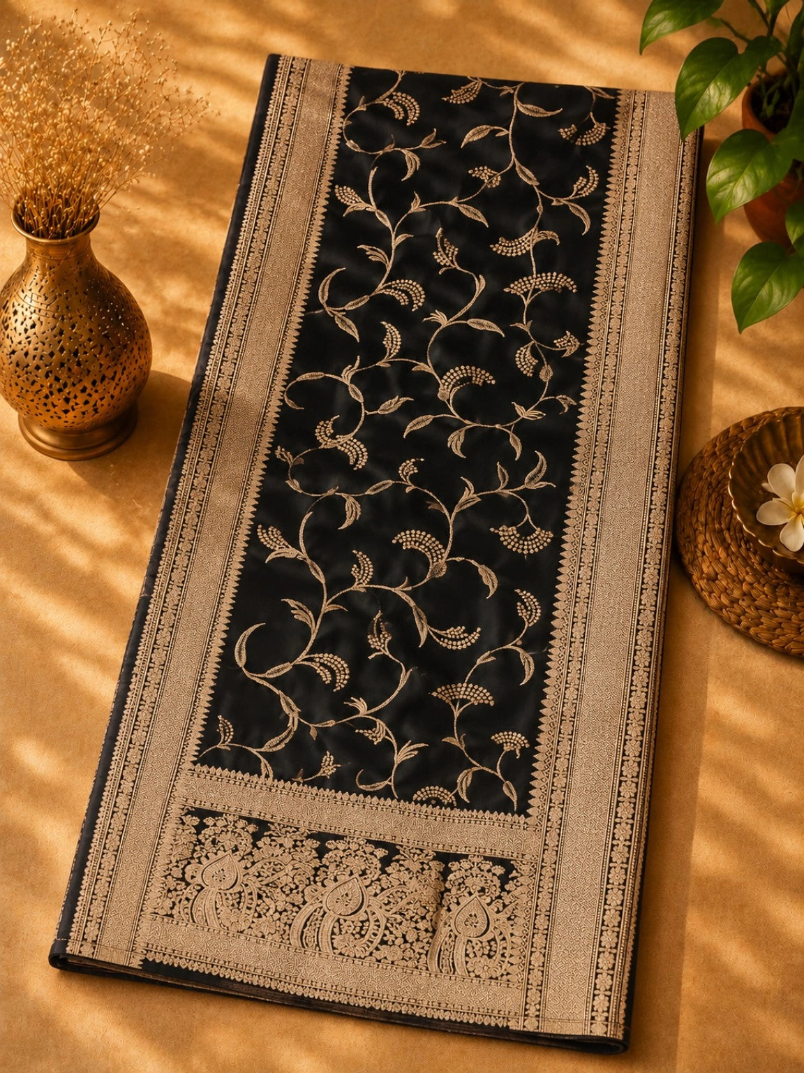Black Pure Masru Silk Saree with Gold Floral Vine Weaving and Ornate Zari Border