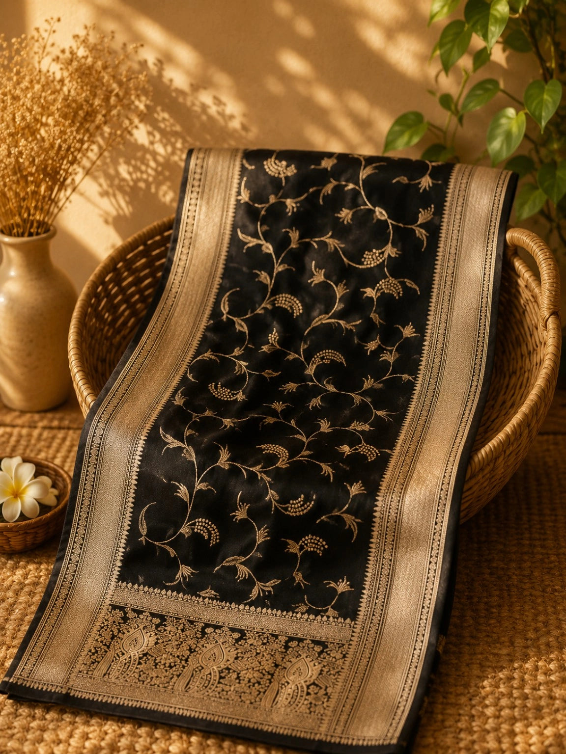 Black Pure Masru Silk Saree with Gold Floral Vine Weaving and Ornate Zari Border