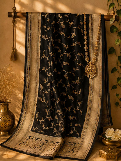 Black Pure Masru Silk Saree with Gold Floral Vine Weaving and Ornate Zari Border