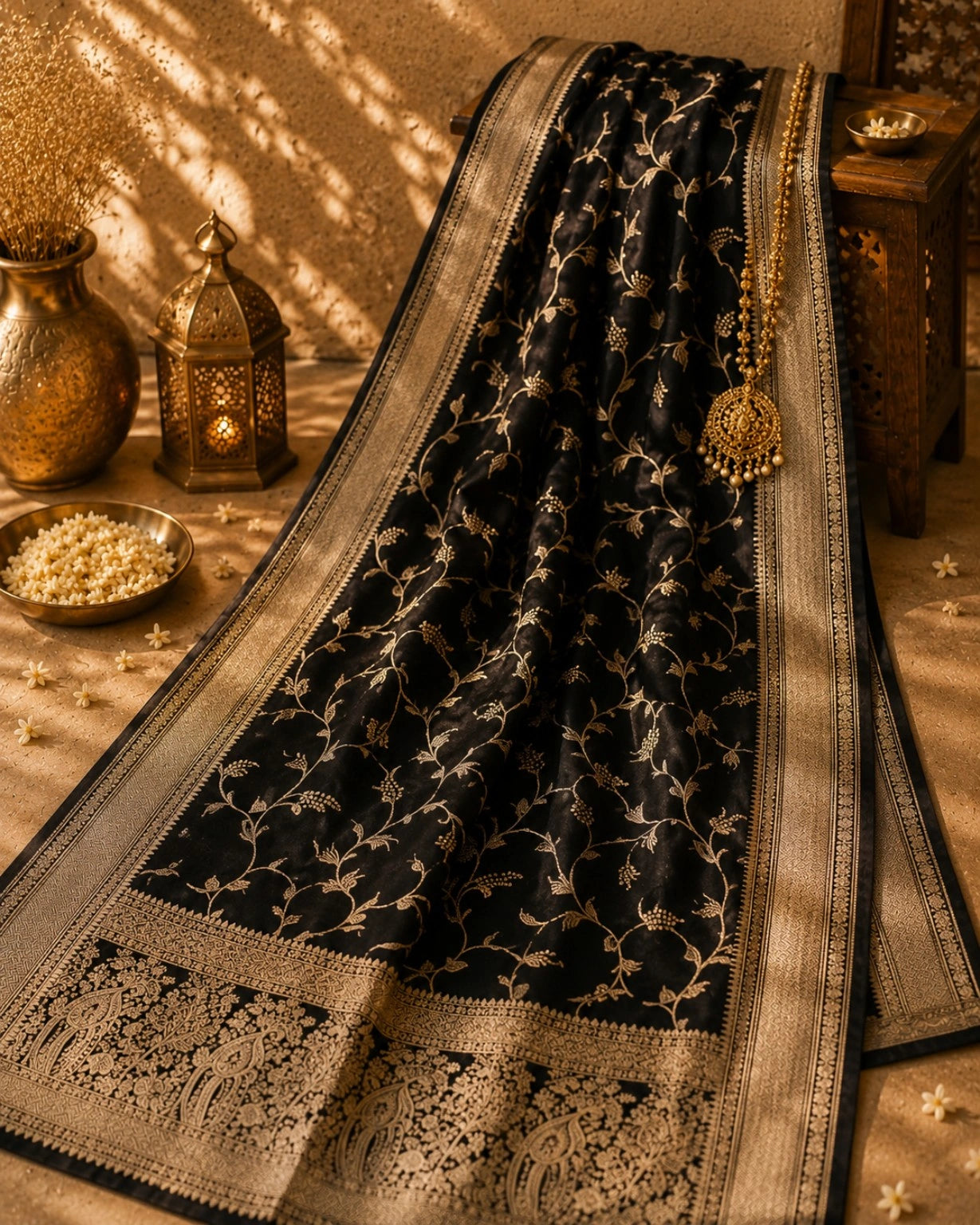 Black Pure Masru Silk Saree with Gold Floral Vine Weaving and Ornate Zari Border