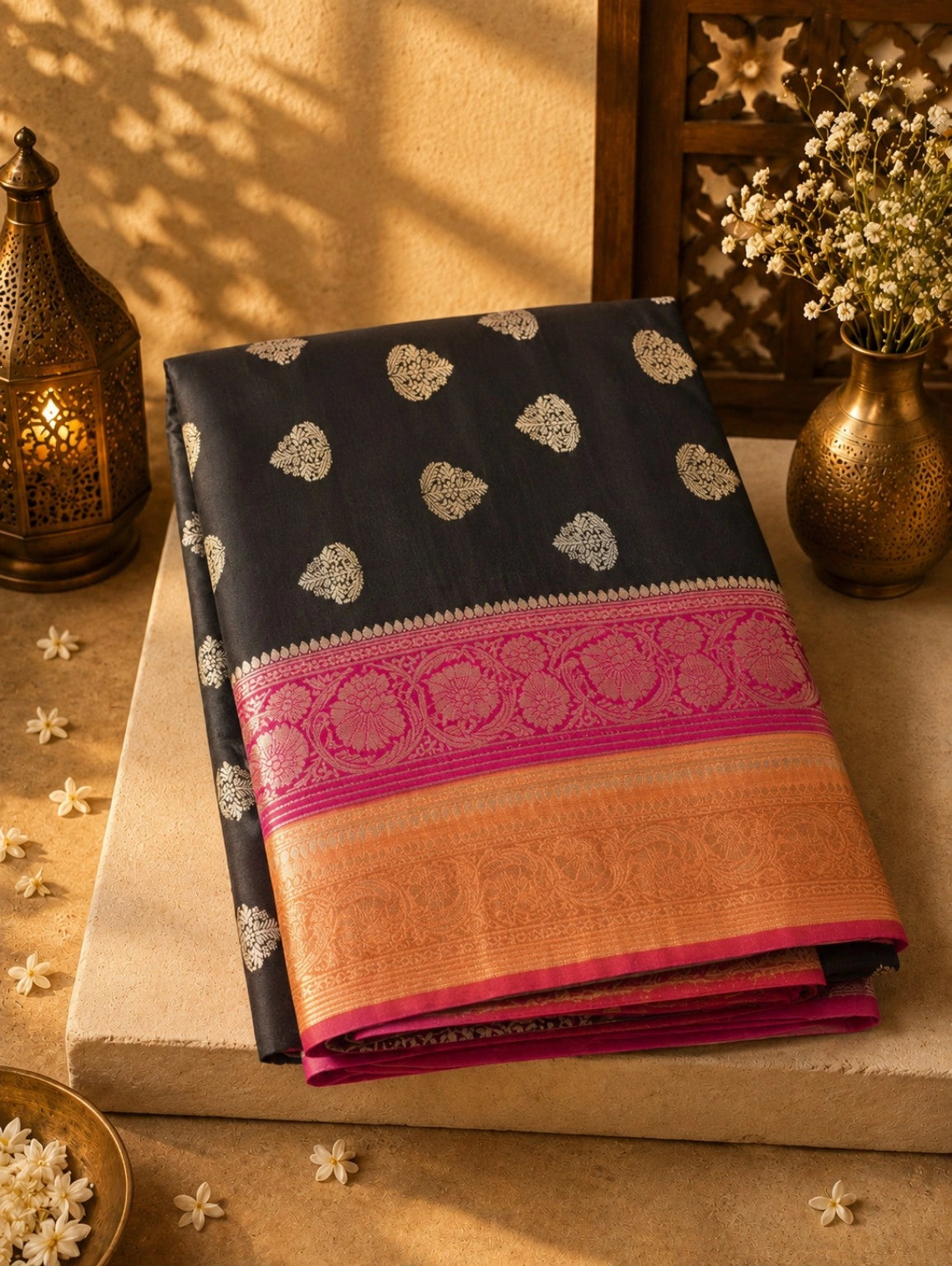 Black Khaddi Banarasi Crepe Silk Saree with Gold Buti Motifs and Pink Zari Border