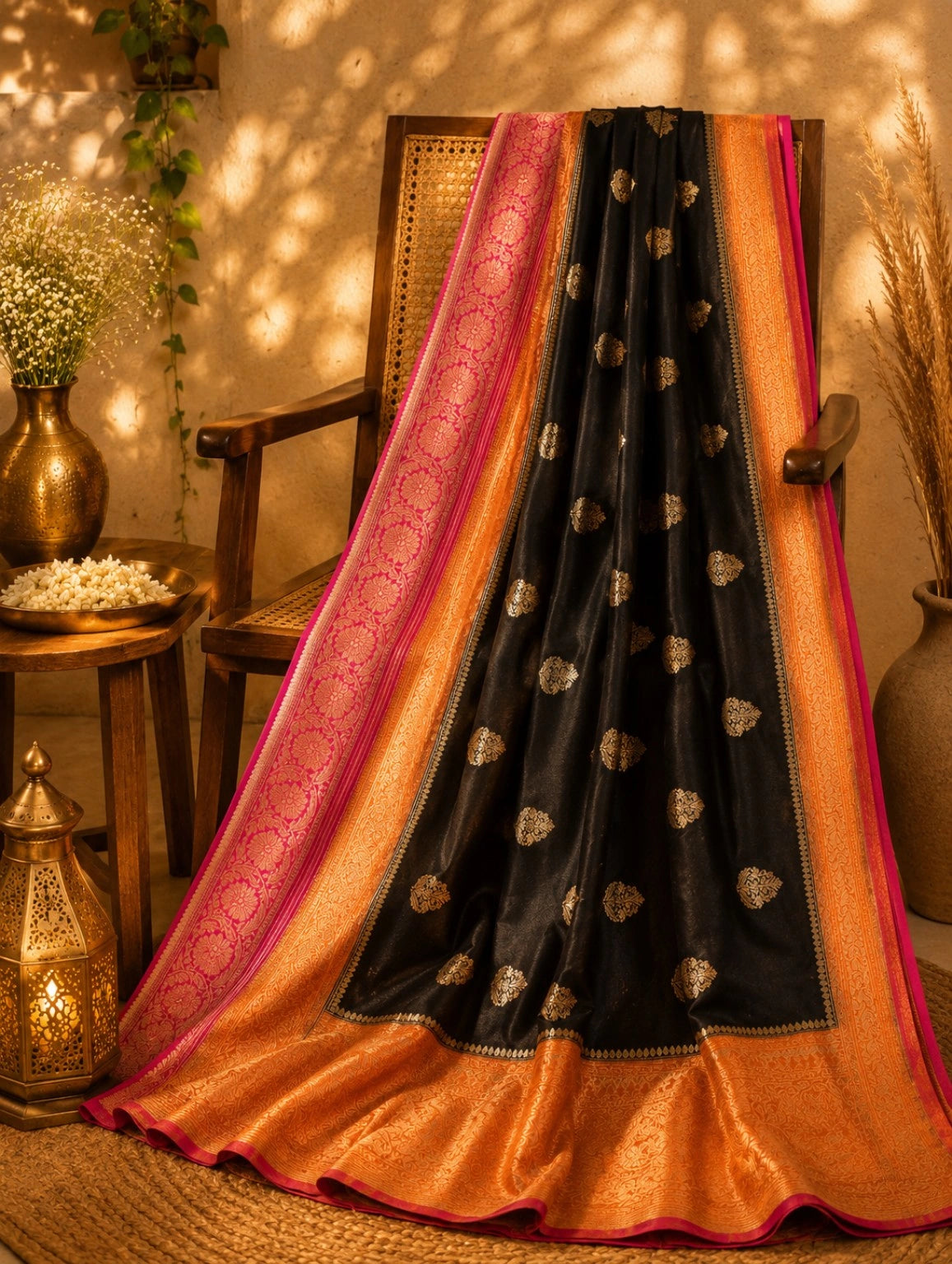 Black Khaddi Banarasi Crepe Silk Saree with Gold Buti Motifs and Pink Zari Border