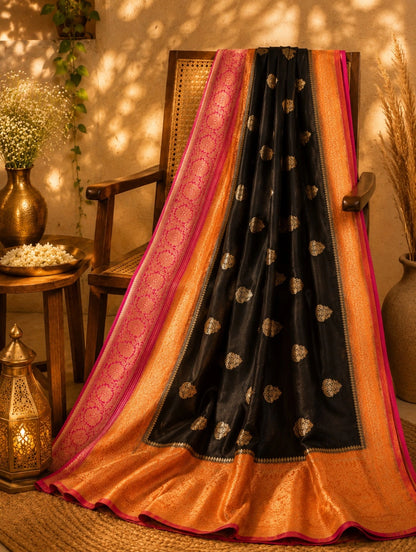 Black Khaddi Banarasi Crepe Silk Saree with Gold Buti Motifs and Pink Zari Border