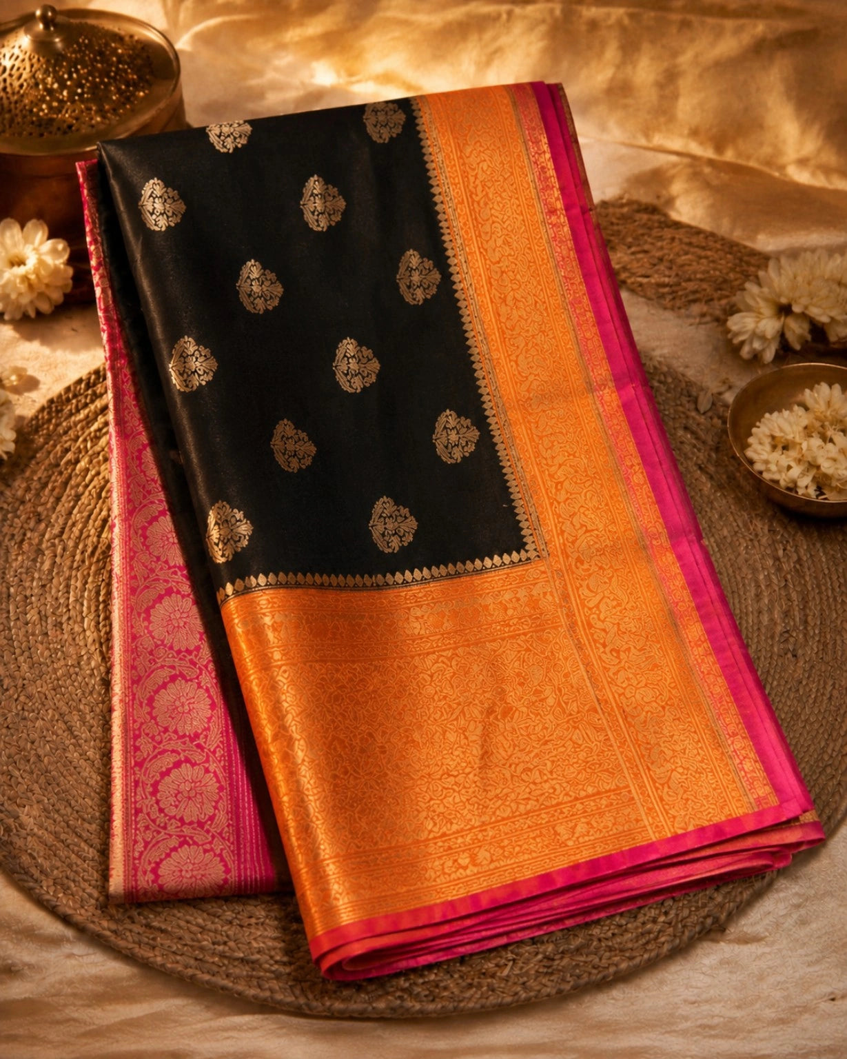 Black Khaddi Banarasi Crepe Silk Saree with Gold Buti Motifs and Pink Zari Border