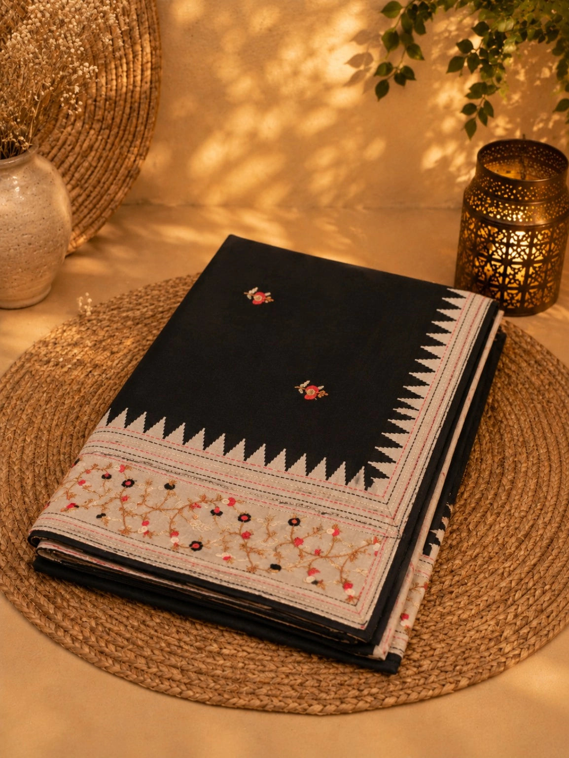 Black Embroidered Soft Tissue Saree with Floral Border and Geometric Weave Design