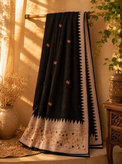 Black Embroidered Soft Tissue Saree with Floral Border and Geometric Weave Design