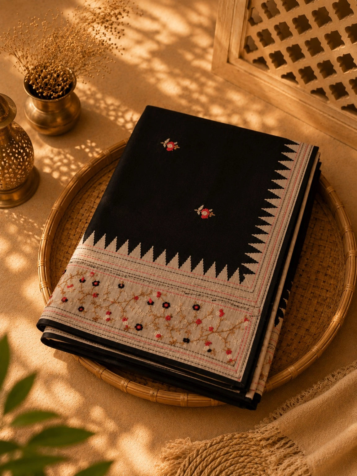 Black Embroidered Soft Tissue Saree with Floral Border and Geometric Weave Design