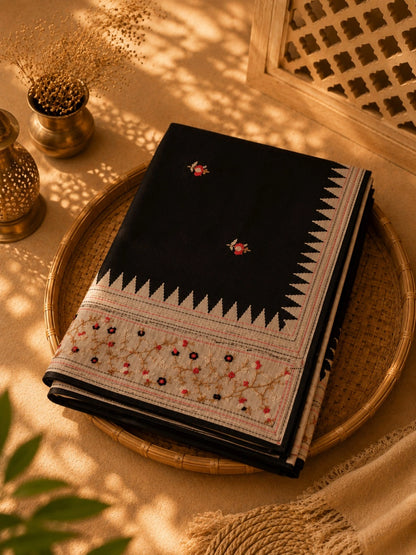 Black Embroidered Soft Tissue Saree with Floral Border and Geometric Weave Design