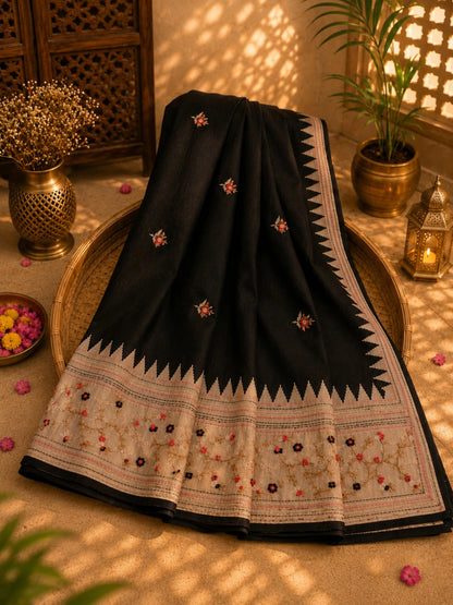 Black Embroidered Soft Tissue Saree with Floral Border and Geometric Weave Design