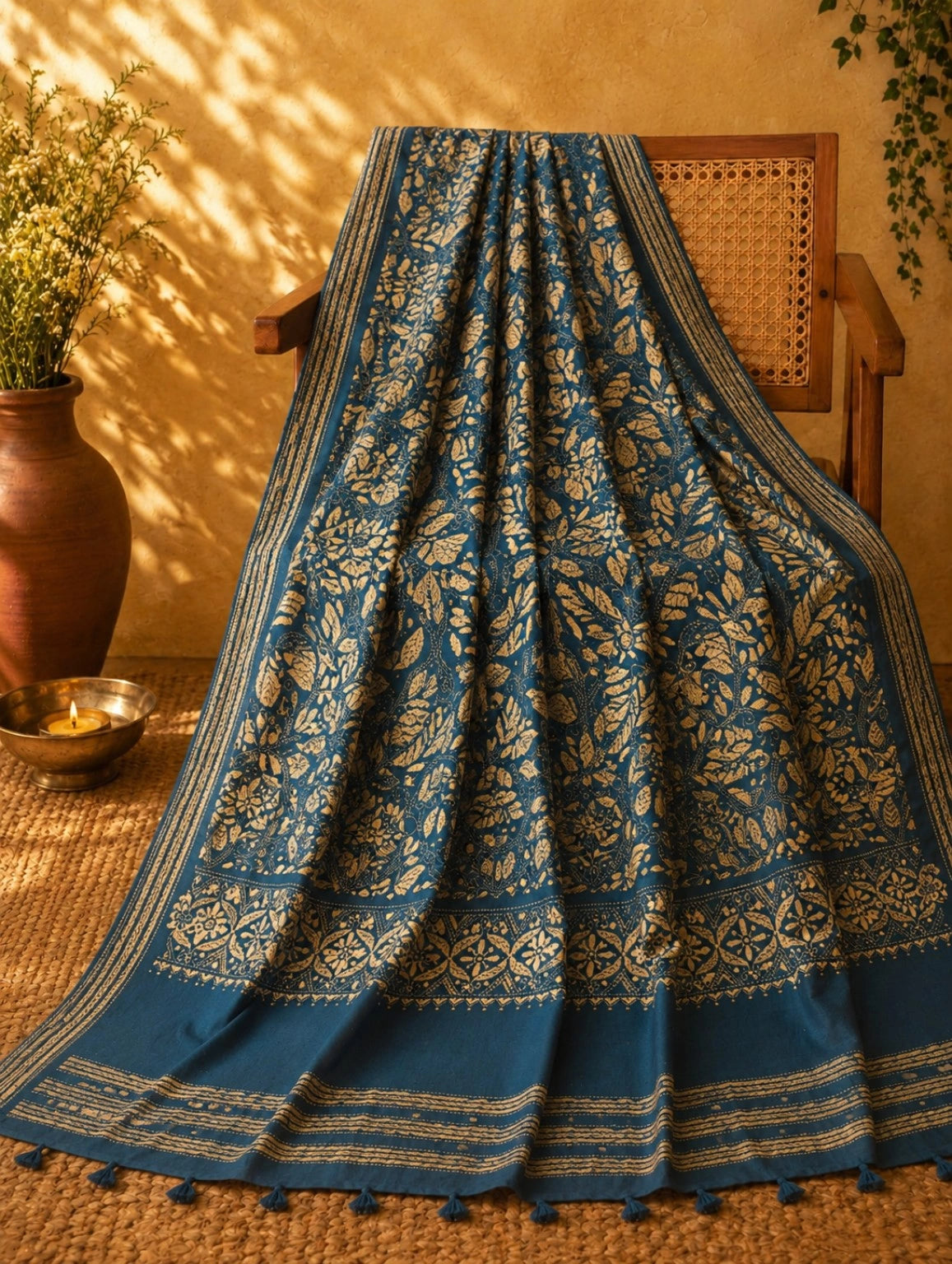 Royal Navy Blue Bangalore Silk Collage Katha Saree with Gold Floral Vine Artwork and Tassel Border