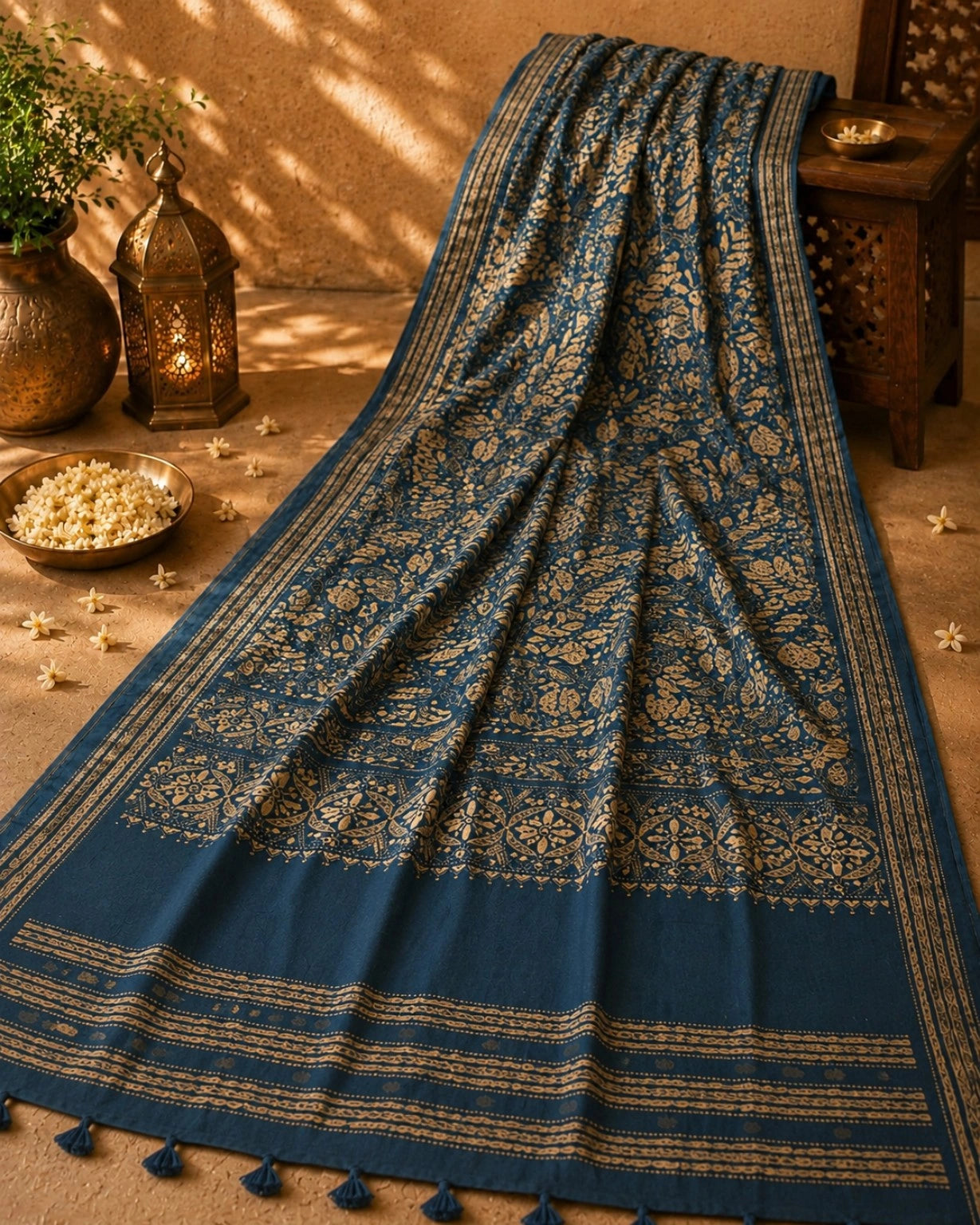 Royal Navy Blue Bangalore Silk Collage Katha Saree with Gold Floral Vine Artwork and Tassel Border