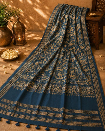 Royal Navy Blue Bangalore Silk Collage Katha Saree with Gold Floral Vine Artwork and Tassel Border