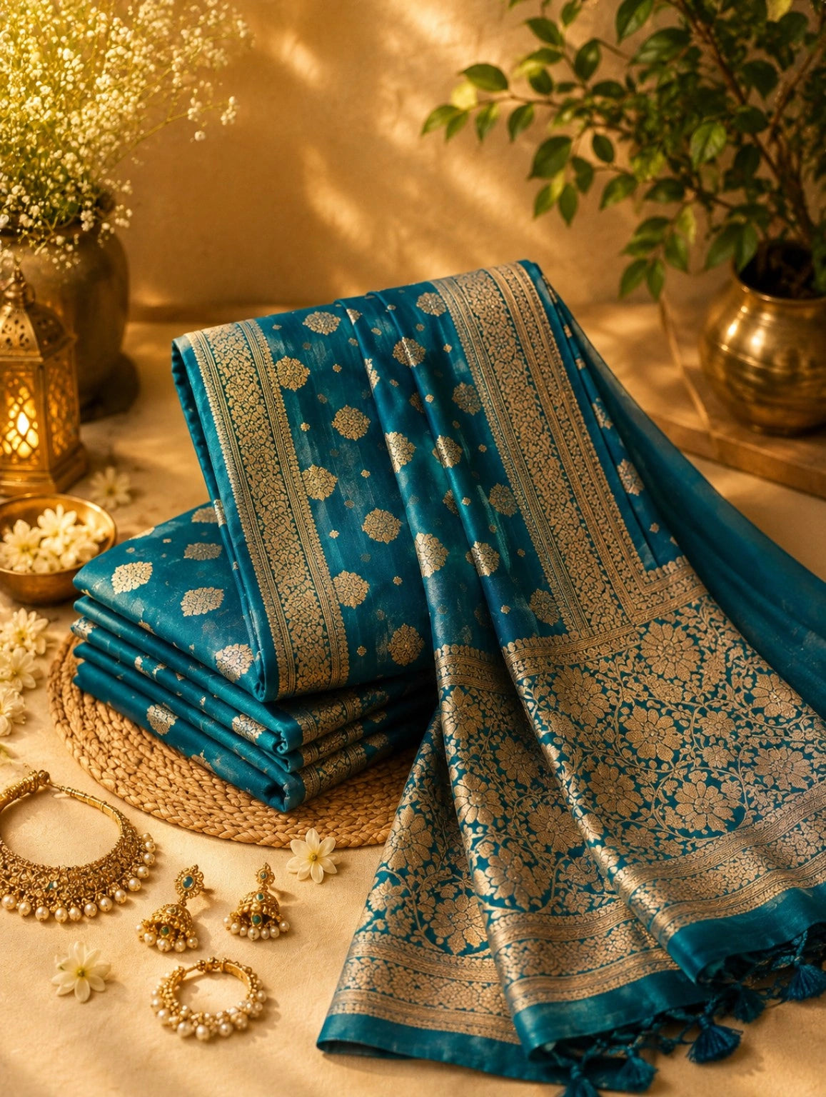 Teal Blue Pure Chandari Khaddi Banarasi Saree with Gold Zari Floral Buti and Heritage Woven Border