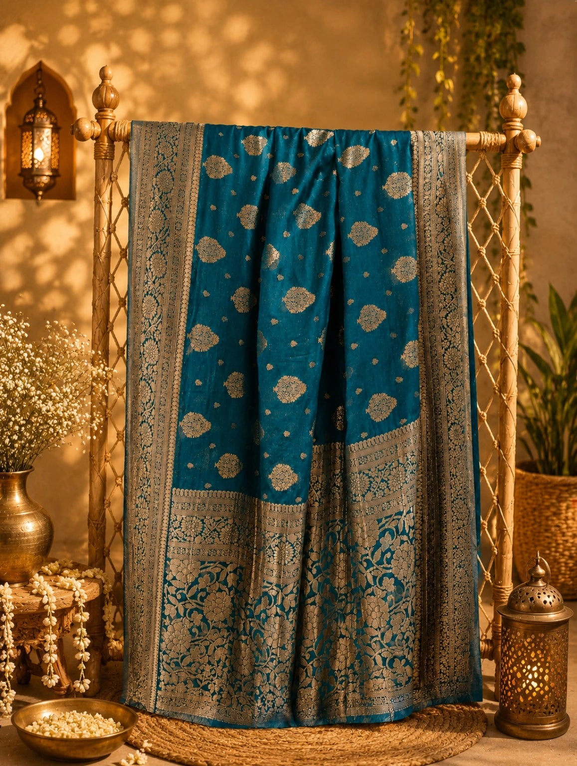 Teal Blue Pure Chandari Khaddi Banarasi Saree with Gold Zari Floral Buti and Heritage Woven Border
