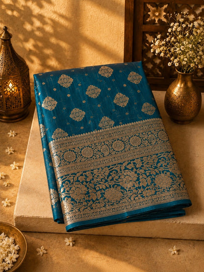 Teal Blue Pure Chandari Khaddi Banarasi Saree with Gold Zari Floral Buti and Heritage Woven Border