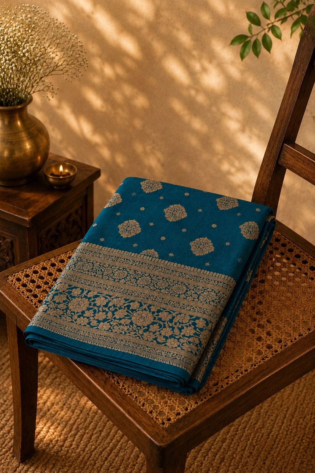 Teal Blue Pure Chandari Khaddi Banarasi Saree with Gold Zari Floral Buti and Heritage Woven Border