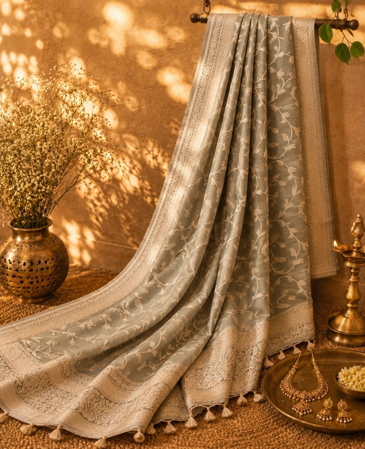 Beige Pure Masru Silk Saree with Floral Vine Weaving and Traditional Zari Border