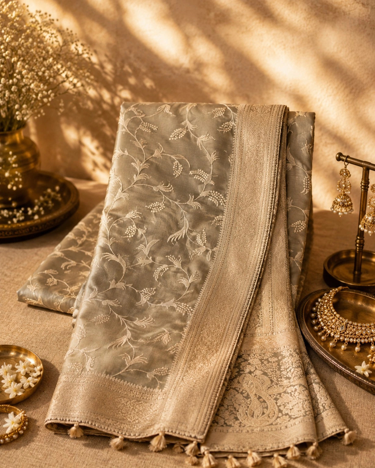 Beige Pure Masru Silk Saree with Floral Vine Weaving and Traditional Zari Border