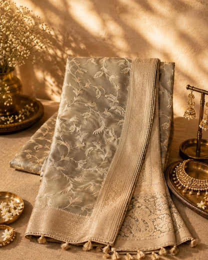 Beige Pure Masru Silk Saree with Floral Vine Weaving and Traditional Zari Border