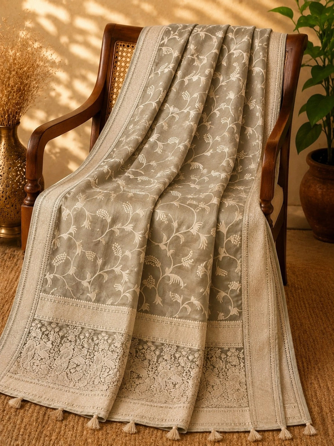 Beige Pure Masru Silk Saree with Floral Vine Weaving and Traditional Zari Border