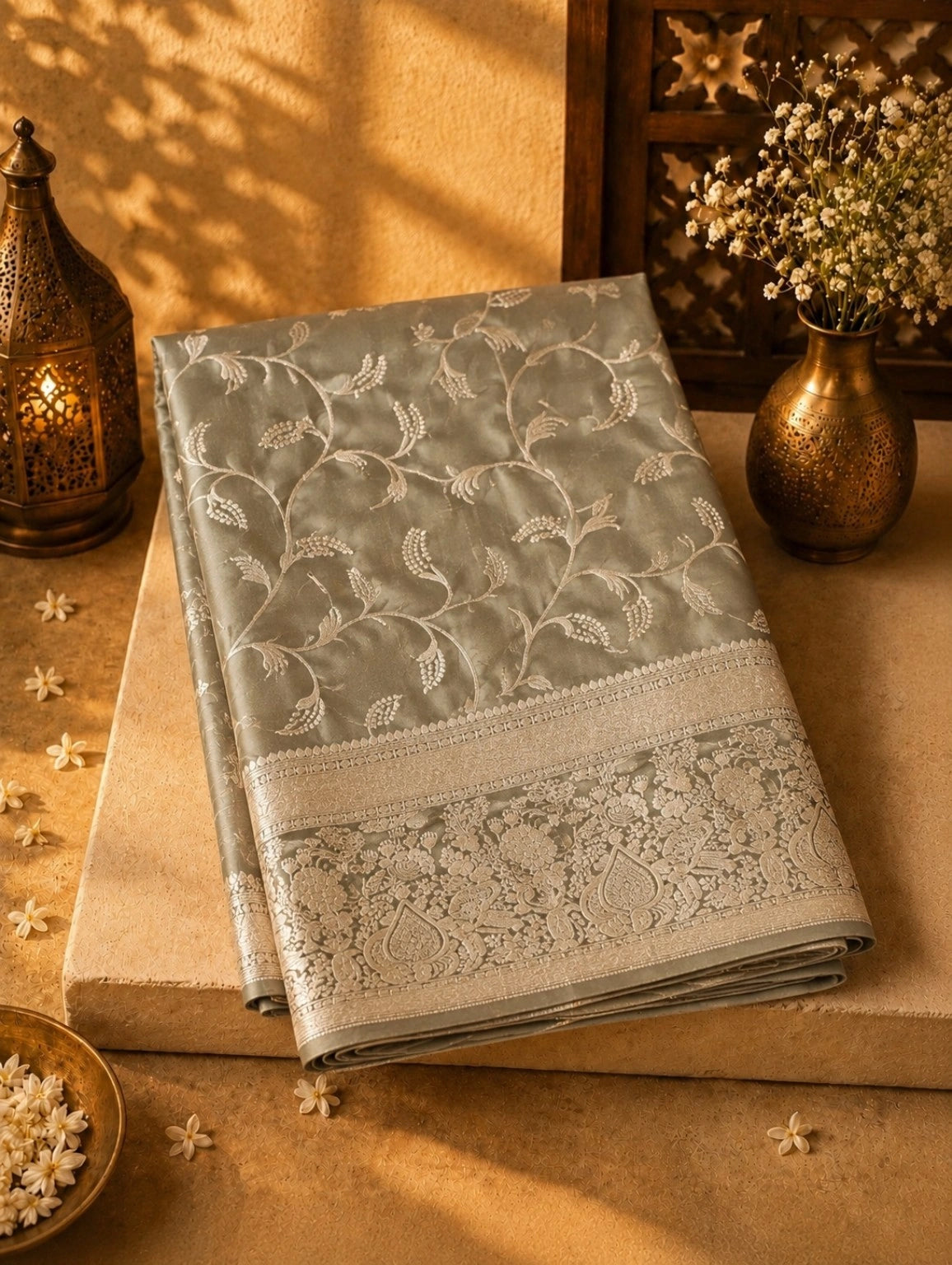 Beige Pure Masru Silk Saree with Floral Vine Weaving and Traditional Zari Border