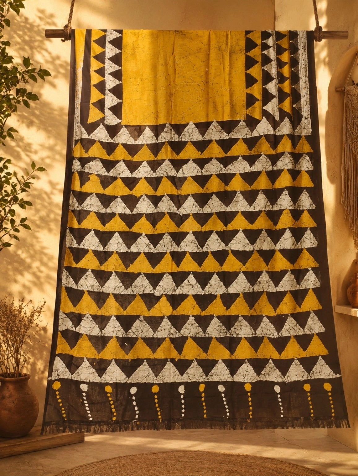Mustard Yellow & Deep Brown Bishnupuri Silk Saree with Geometric Batik Triangle Pattern