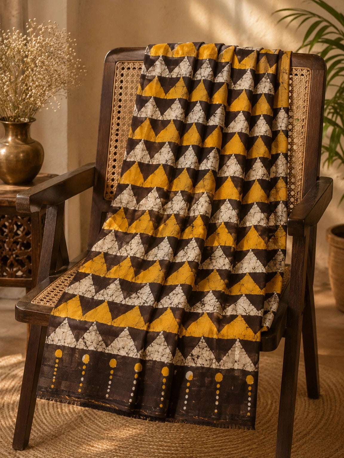 Mustard Yellow & Deep Brown Bishnupuri Silk Saree with Geometric Batik Triangle Pattern