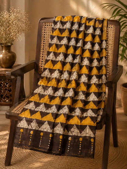 Mustard Yellow & Deep Brown Bishnupuri Silk Saree with Geometric Batik Triangle Pattern