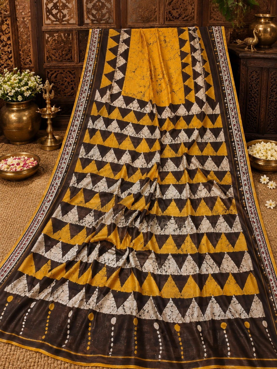 Mustard Yellow & Deep Brown Bishnupuri Silk Saree with Geometric Batik Triangle Pattern