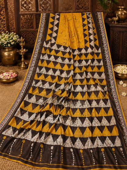 Mustard Yellow & Deep Brown Bishnupuri Silk Saree with Geometric Batik Triangle Pattern